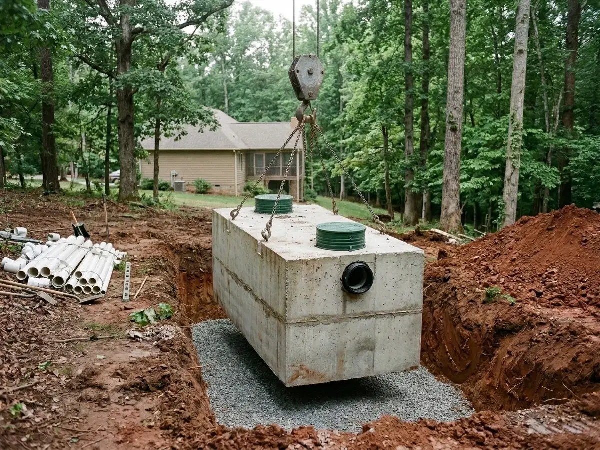Full-size precast concrete septic tank with green access covers being lowered by a four-leg steel chain sling onto a crushed-stone bed in a Virginia residential excavation